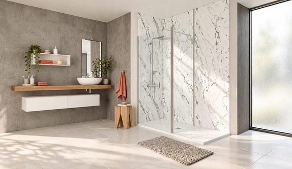 Douche design Signature, parois et panneaux effet marbre