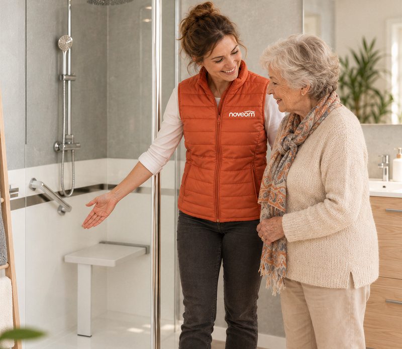 Une conseillère Noveom présente une douche sécurisée à une cliente