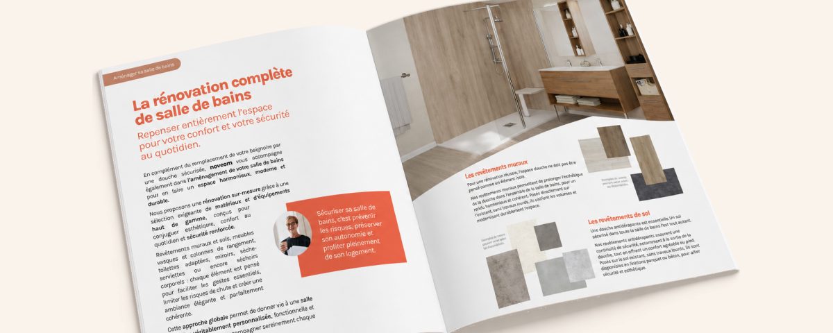 Brochure Noveom ouverte sur la rénovation de salle de bains