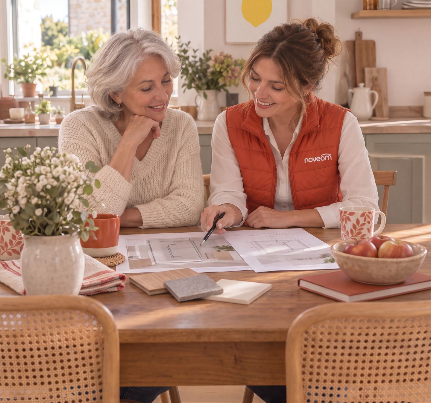 Une conseillère Noveom étudie un projet d'aménagement avec une cliente à son domicile