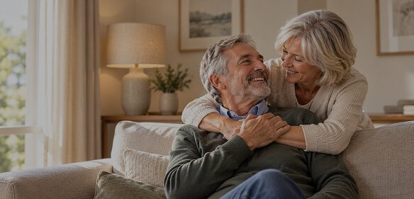 Couple de seniors souriants dans leur salon
