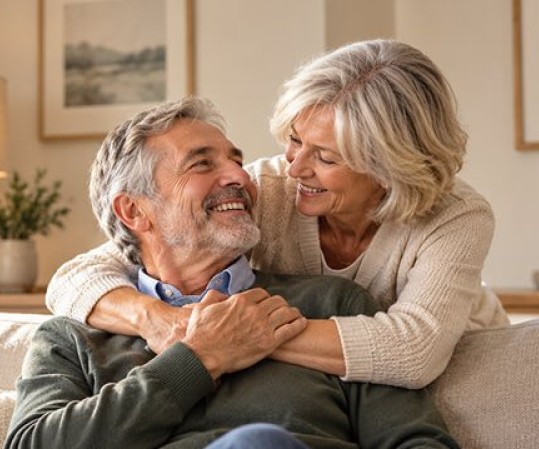 Couple de seniors souriants dans leur salon