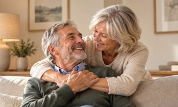 Couple de seniors souriants dans leur salon